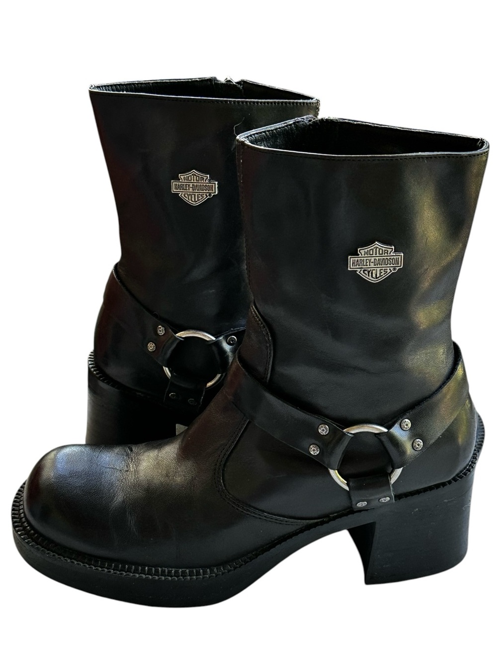 Harley-Davidson Black Leather Y2K Gypsy Block Heeled Motorcycle Grunge Boots - Picture 4 of 13